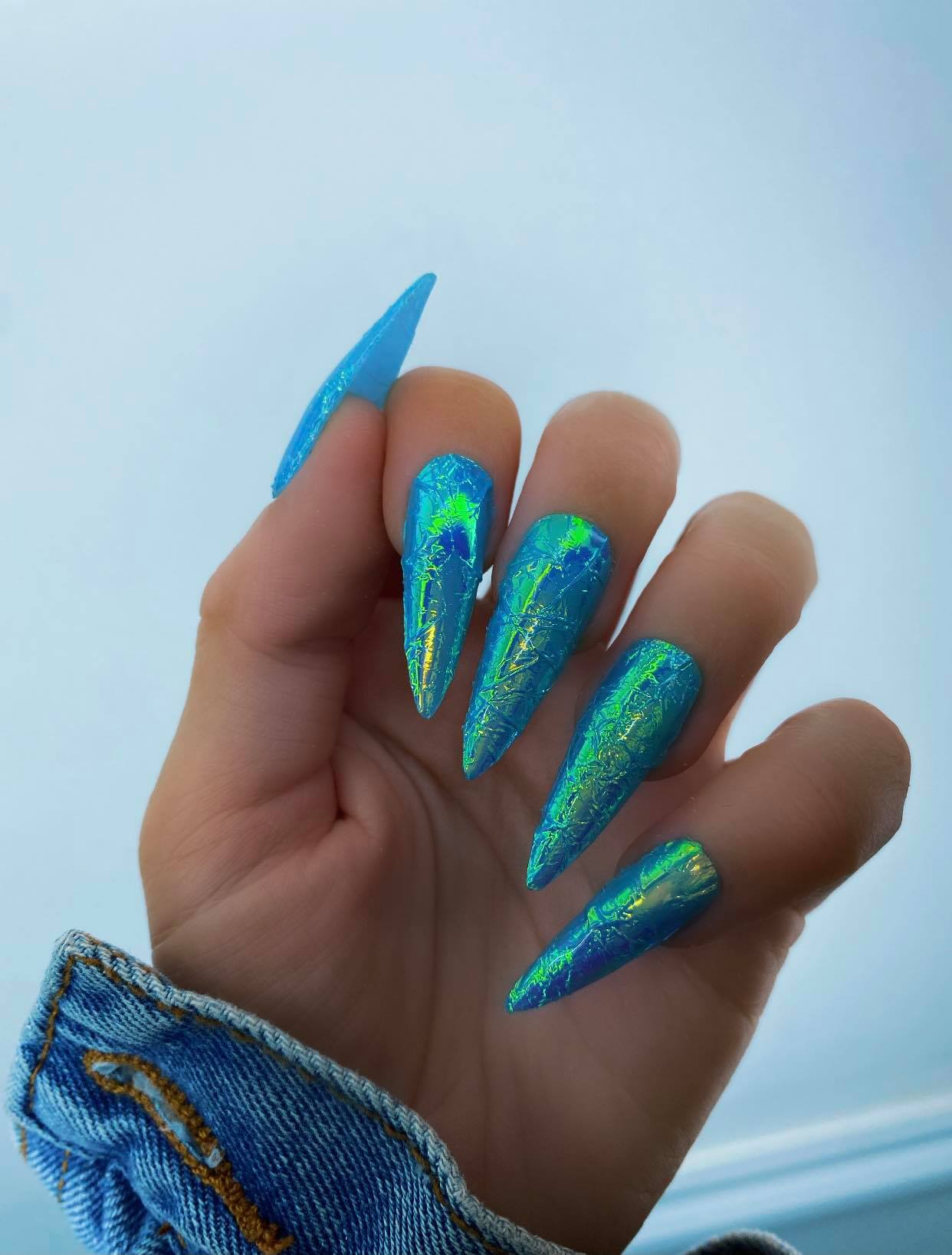 Lecente blue opalescent shimmer film nails